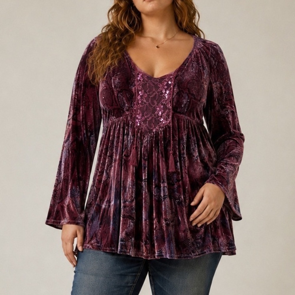 UNITY Velour Babydoll Top 2X Flare Sleeve Y2K Fairy Grunge Whimsigoth Purple